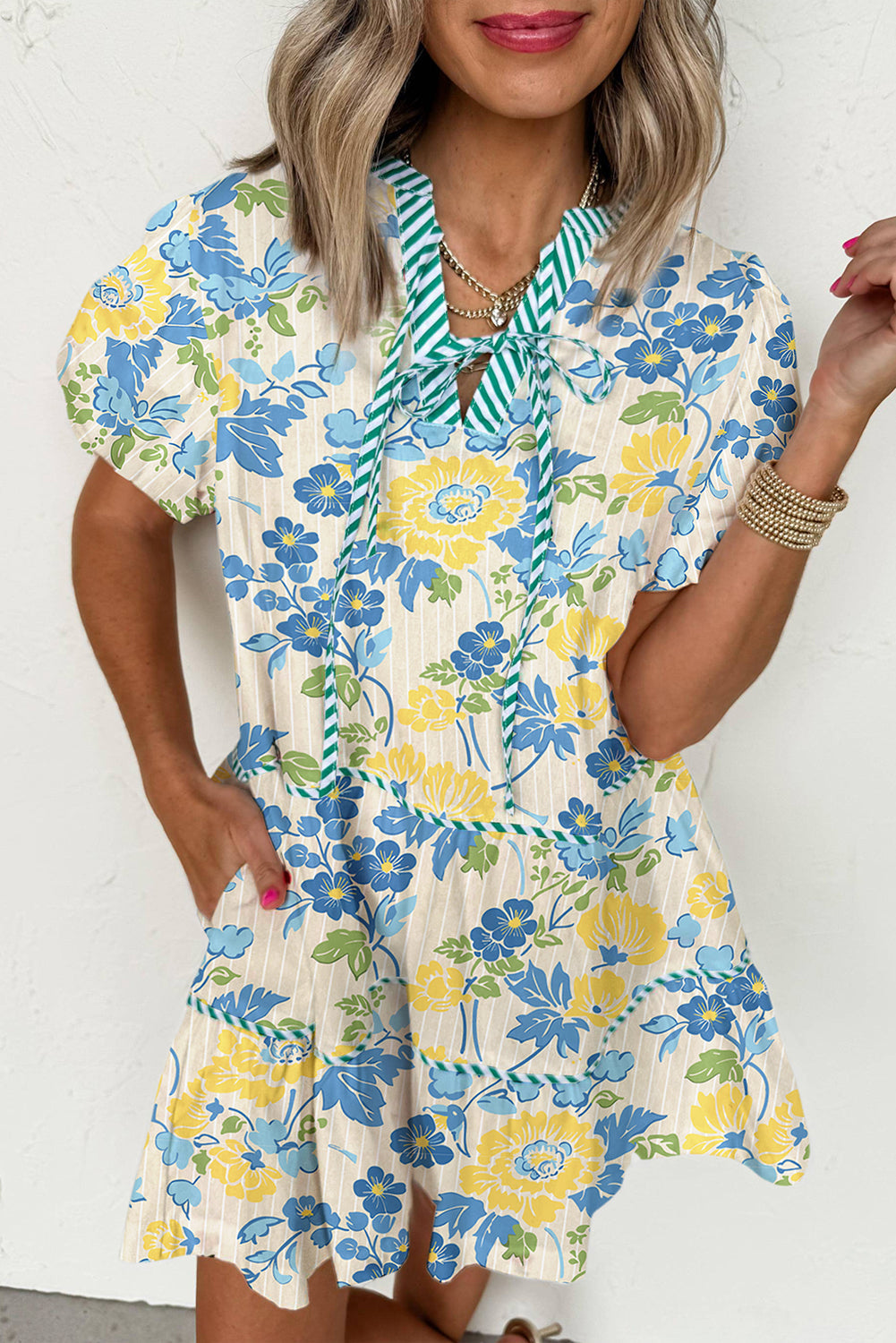Blue Floral Striped Trim Puff Short Sleeve Dress eAura