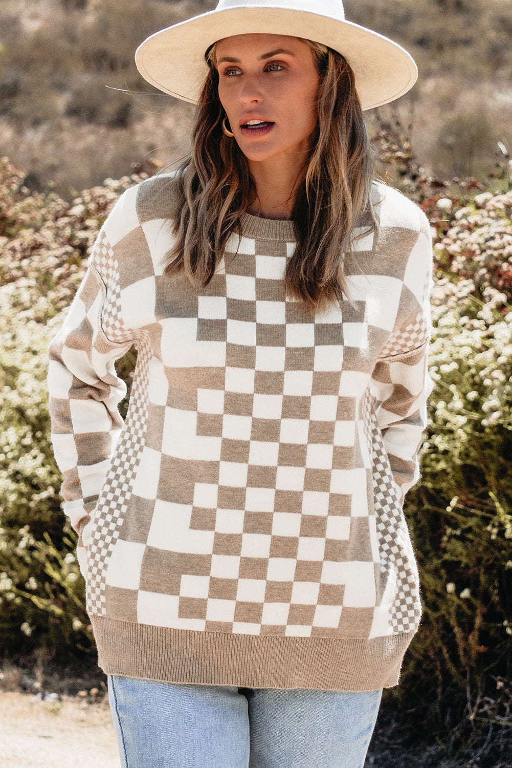 Khaki Checkered Print Drop Shoulder Round Neck Sweater eAura