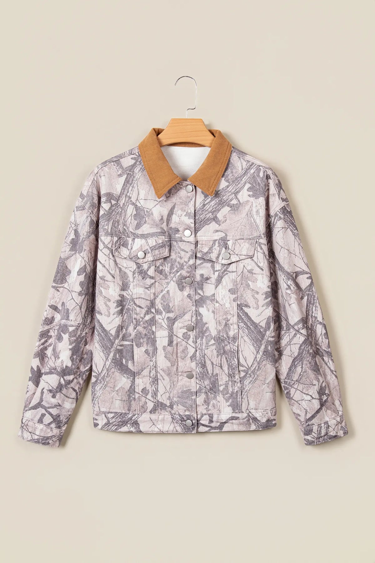 Abstract Camo Print Colourblock Collar Oversized Shift Silhouette Denim Jacket – Grey