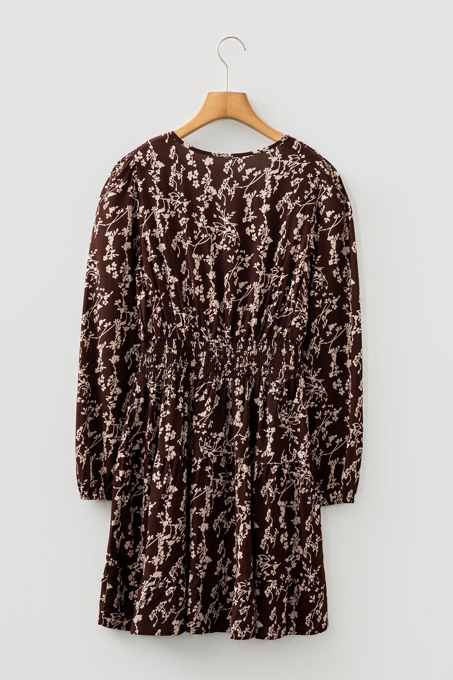 Ditsy Floral Print Split Neck Long Sleeve Shirred Waist Flared Mini Dress - Dresses/Mini Dresses