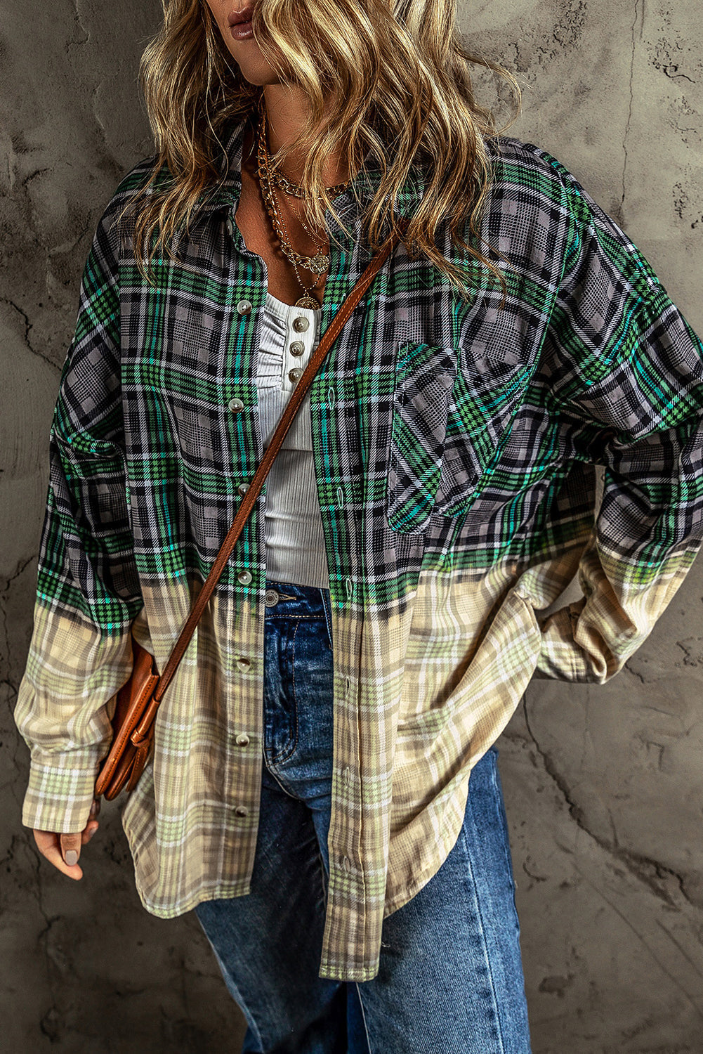 Blackish Green Contrast Plaid Patchwork Chest Pocket Button up Shacket eAura