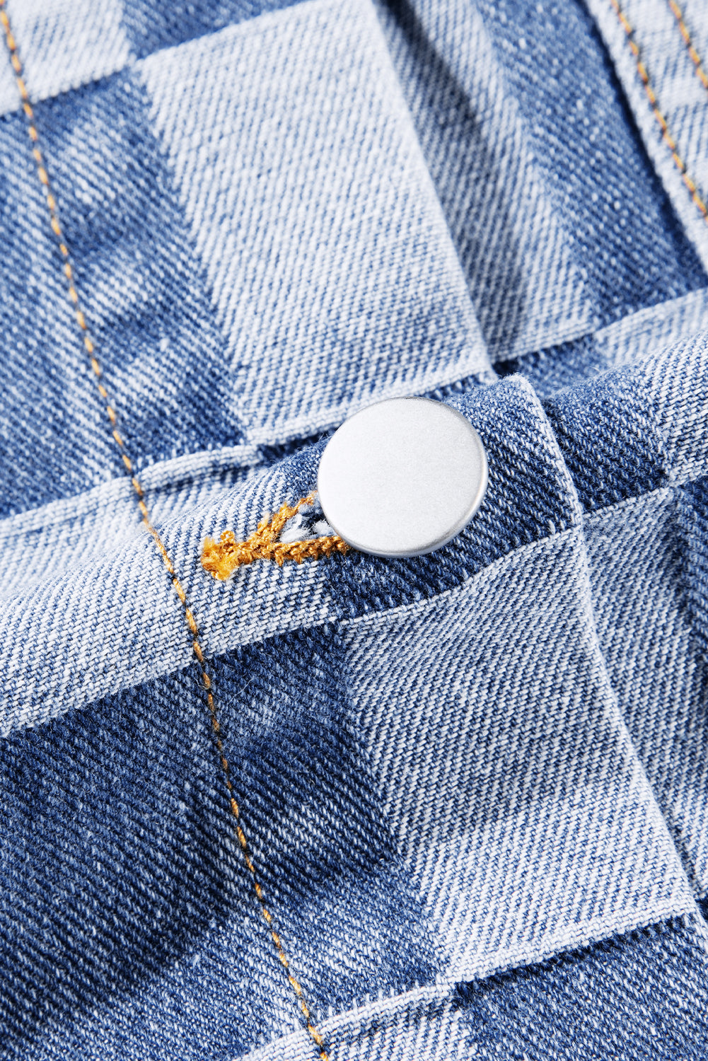 Light Blue Checkered Patchwork Button up Denim Jacket Beagle Boutique Fashion Outlet