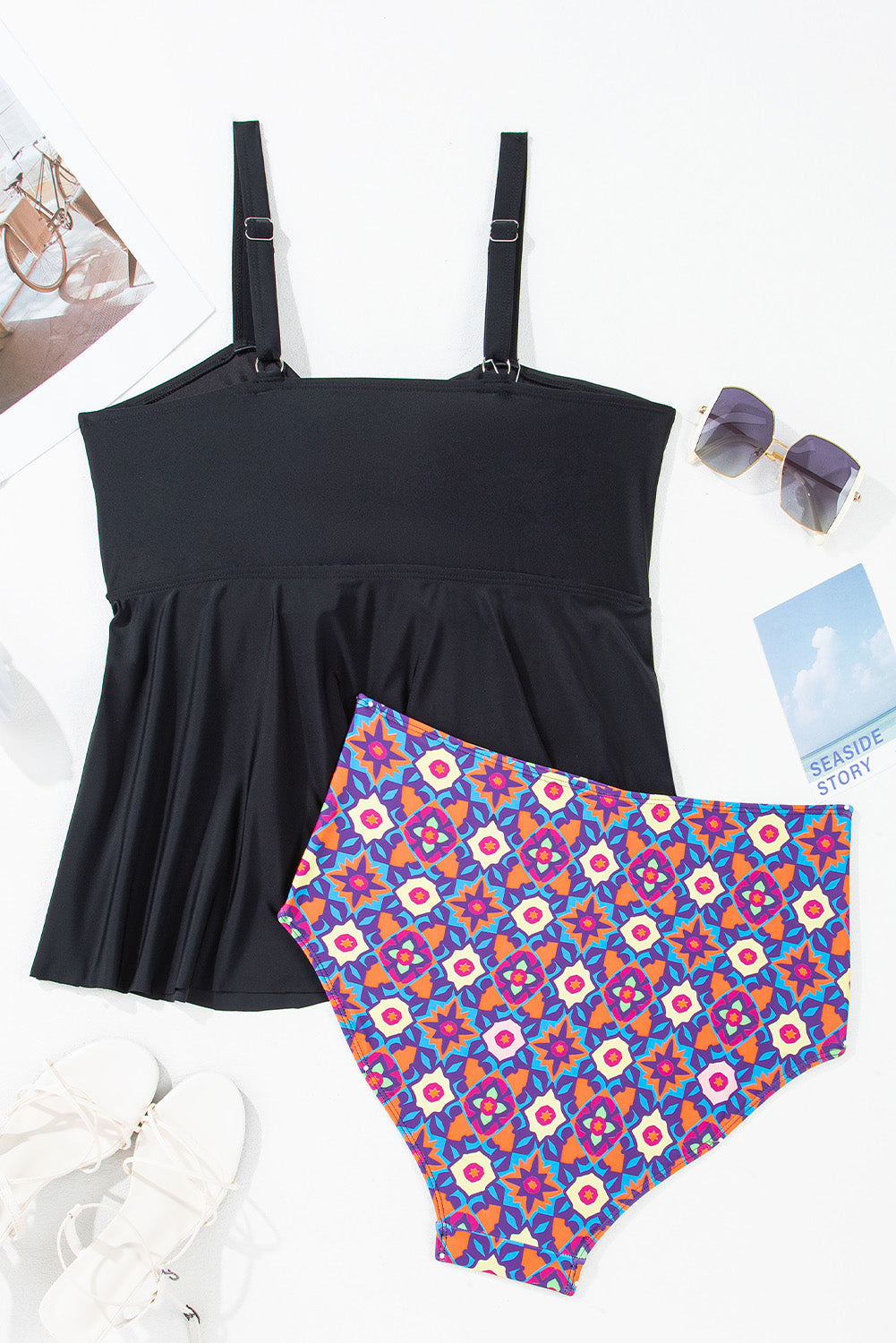 Black Drawstring Tied Front Flared Top Geometric Print Bottom Plus Size Tankinis BB Fashion Outlet