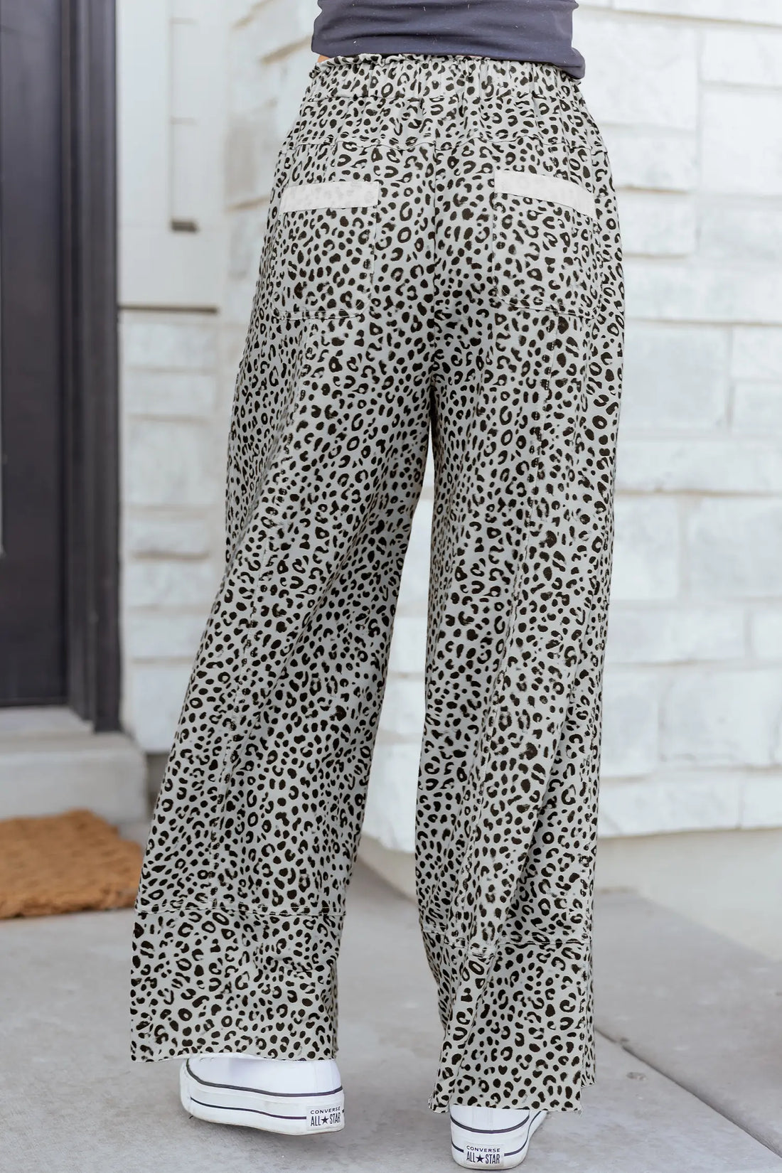 Animal Print Wide Leg Terry Knit Pants – Grey & Khaki