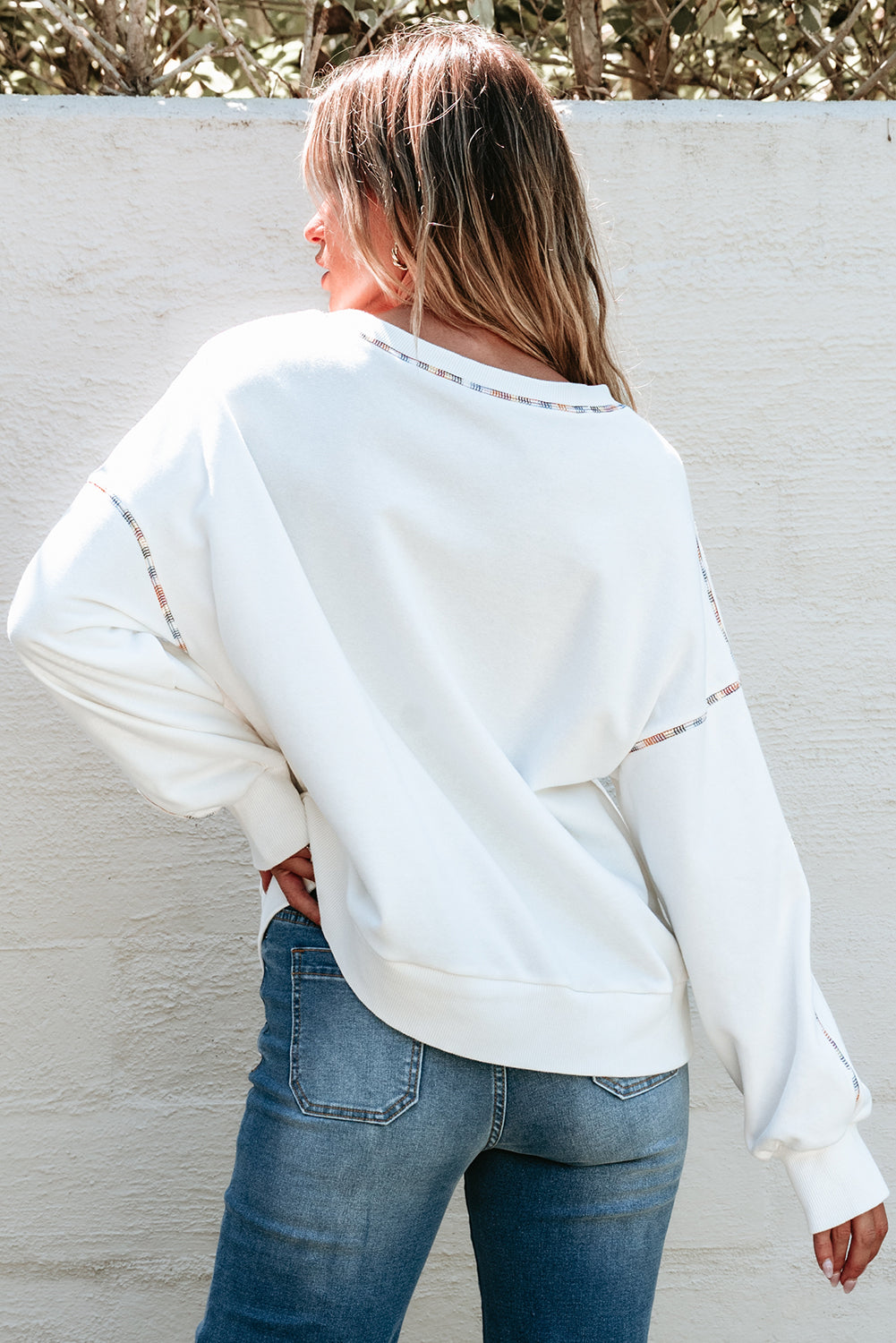 White Contrast Rainbow Trim Drop Shoulder Pullover Sweatshirt eAura