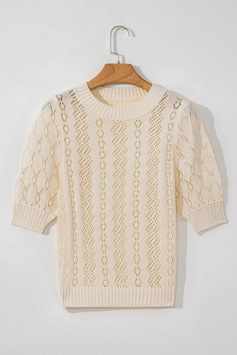 Beige Hollowed Pattern Knit Short Puff Sleeve Sweater eAura