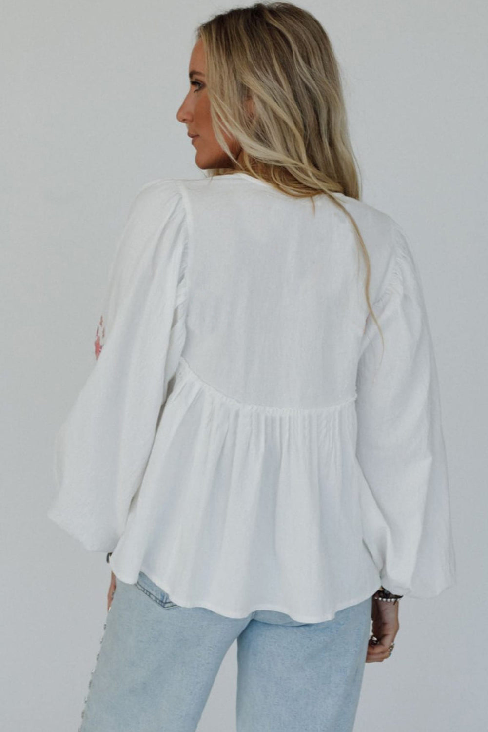 White Flower Lace-up V-Neck Babydoll Blouse eAura