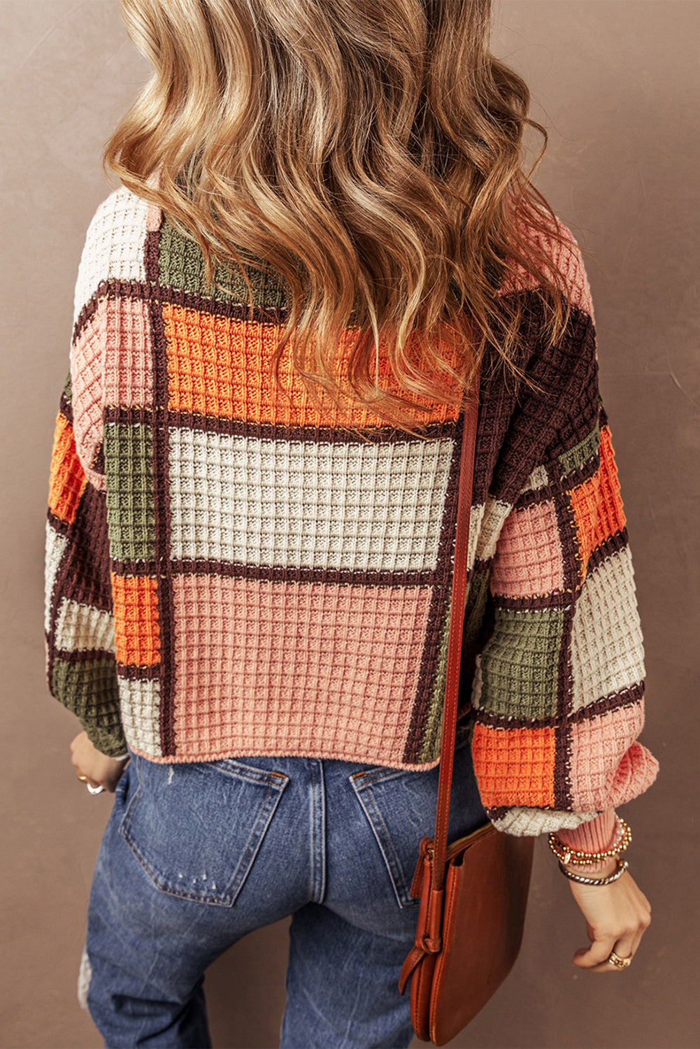 Orange Colour Block Waffle Knit Drawstring Mock Neck Sweater eAura