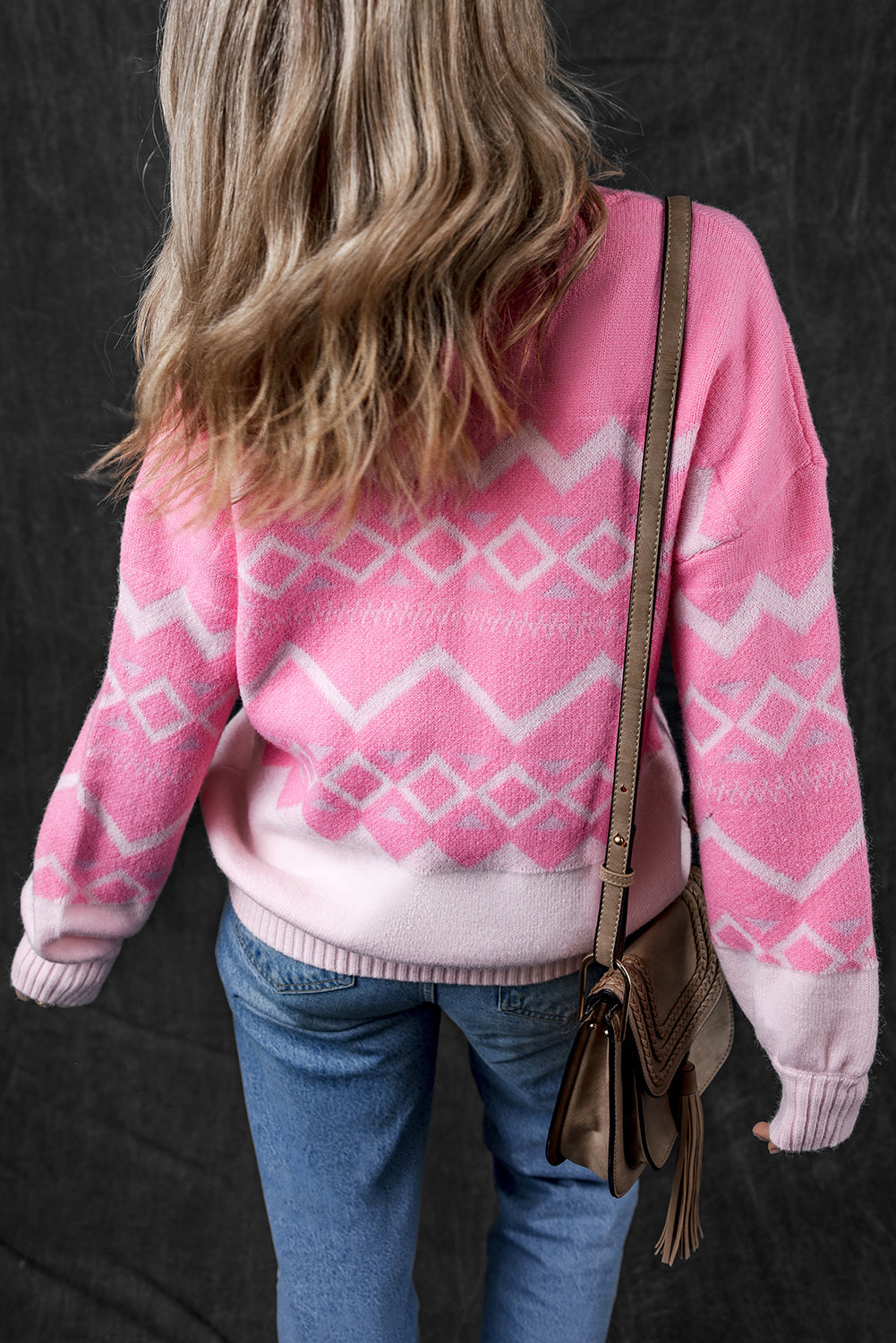Pink Western Aztec Geometric Drop Shoulder Sweater eAura