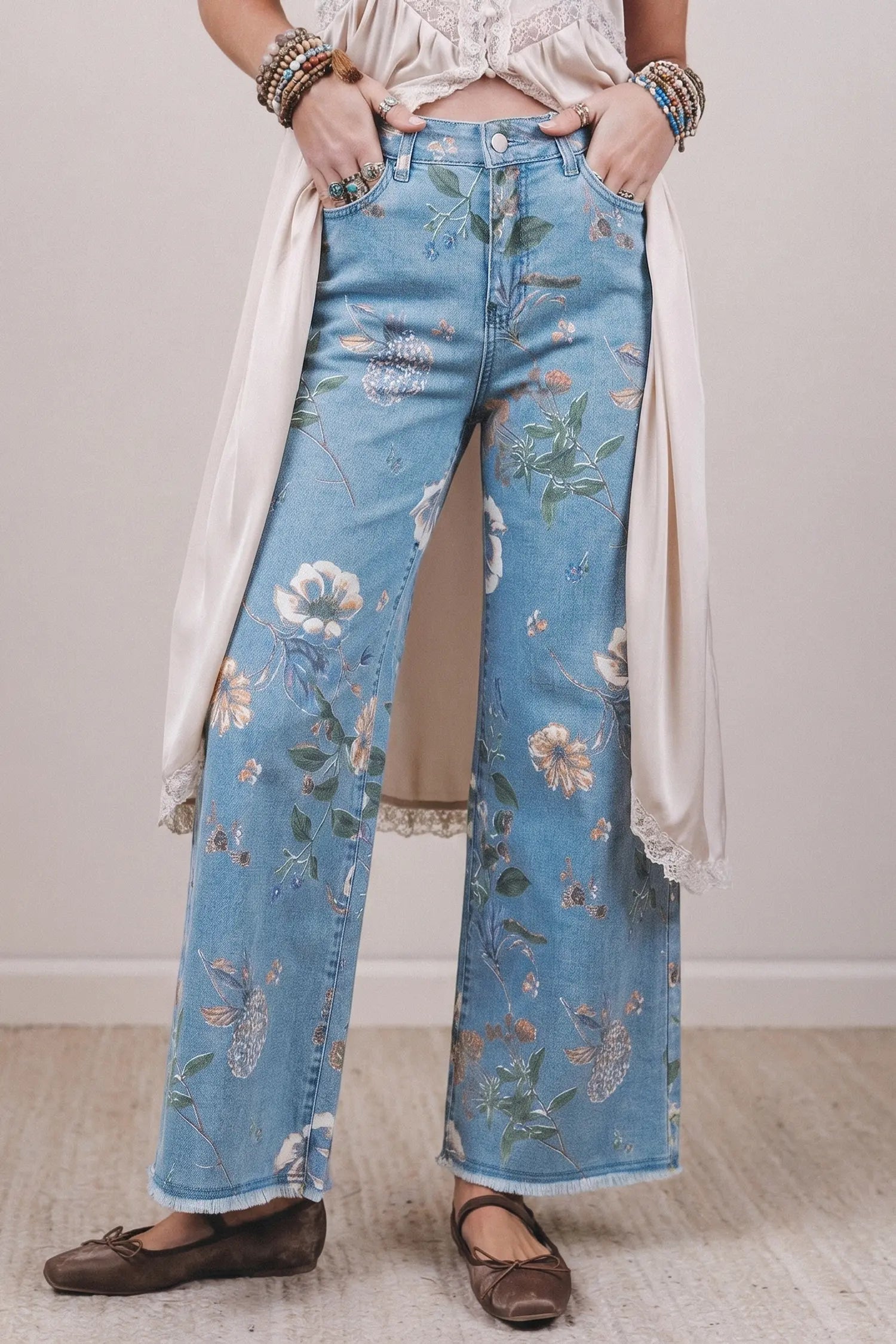 Sky Blue Retro Floral Print Frayed Hem Shift Jeans