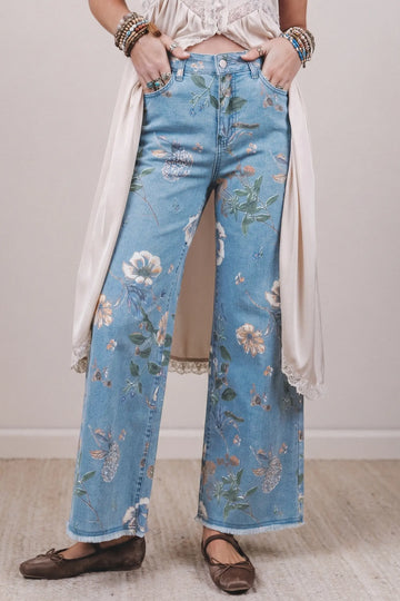 Sky Blue Retro Floral Print Frayed Hem Shift Jeans