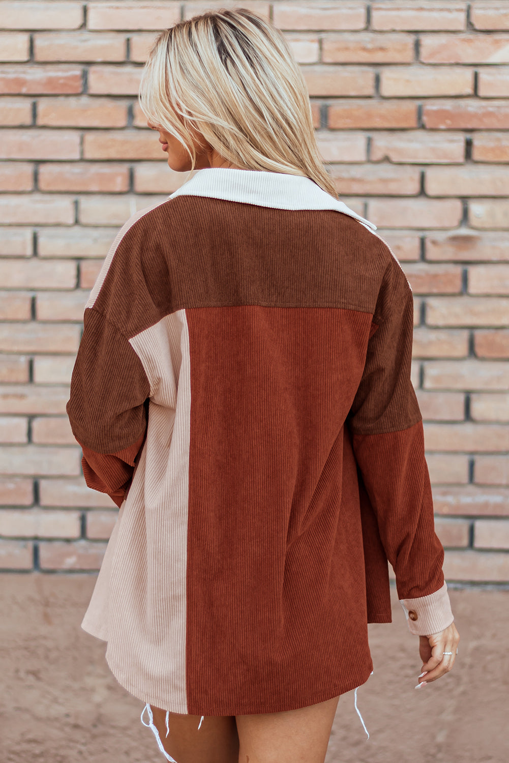 Cinnamon Colourblock Curved Hem Corduroy Shacket with Pocket Beagle Boutique Fashion Outlet
