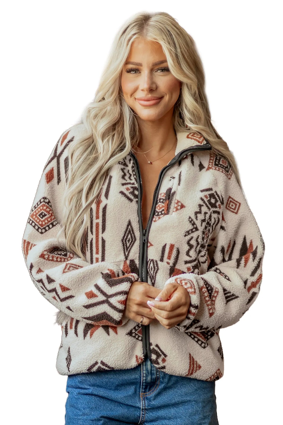 Geometric Print Long Sleeve Shirt Collar Zip-up Placket Binding Tape Jacket – Beige