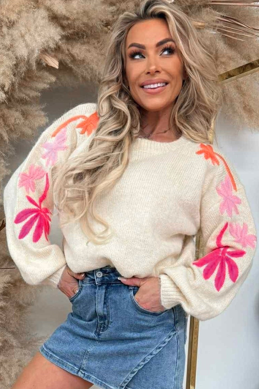 Embroidered Floral Sleeve Round Neck Loose Sweater eAura