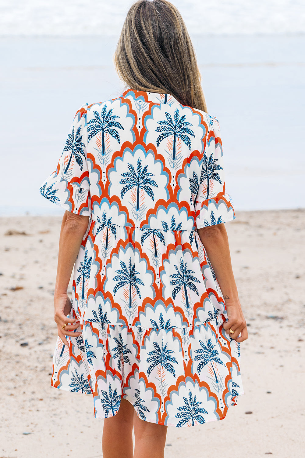 Palm Tree Printed Short Sleeve Flowy Dress - eAura