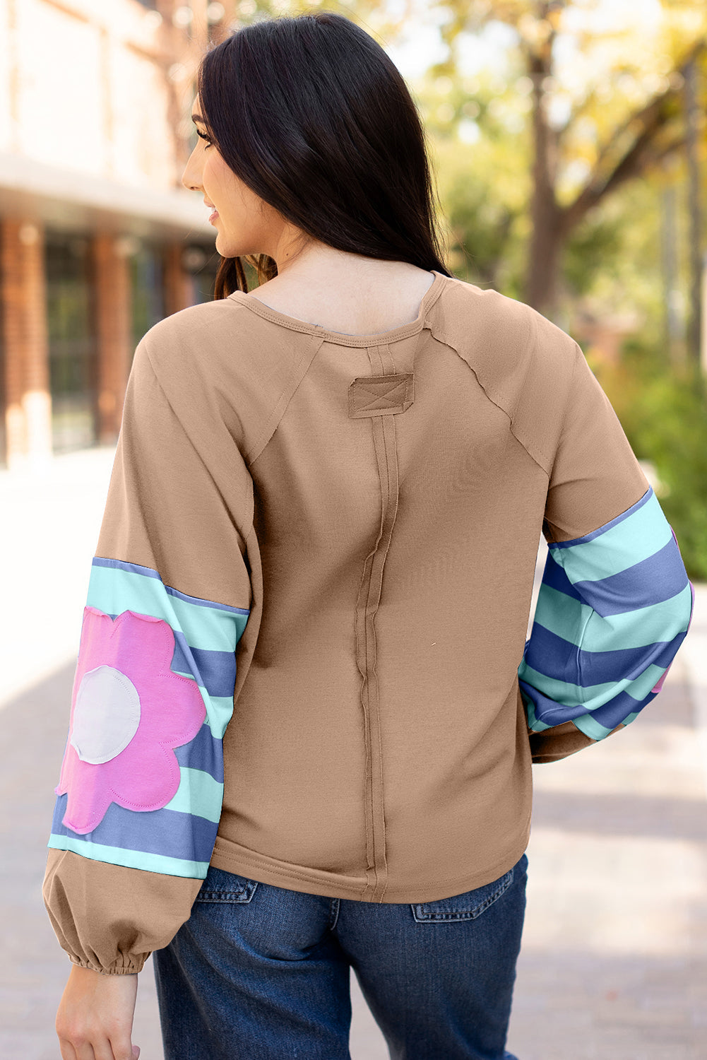 Flower Patchwork Raglan Sleeve Exposed Seam Oversized Top eAura