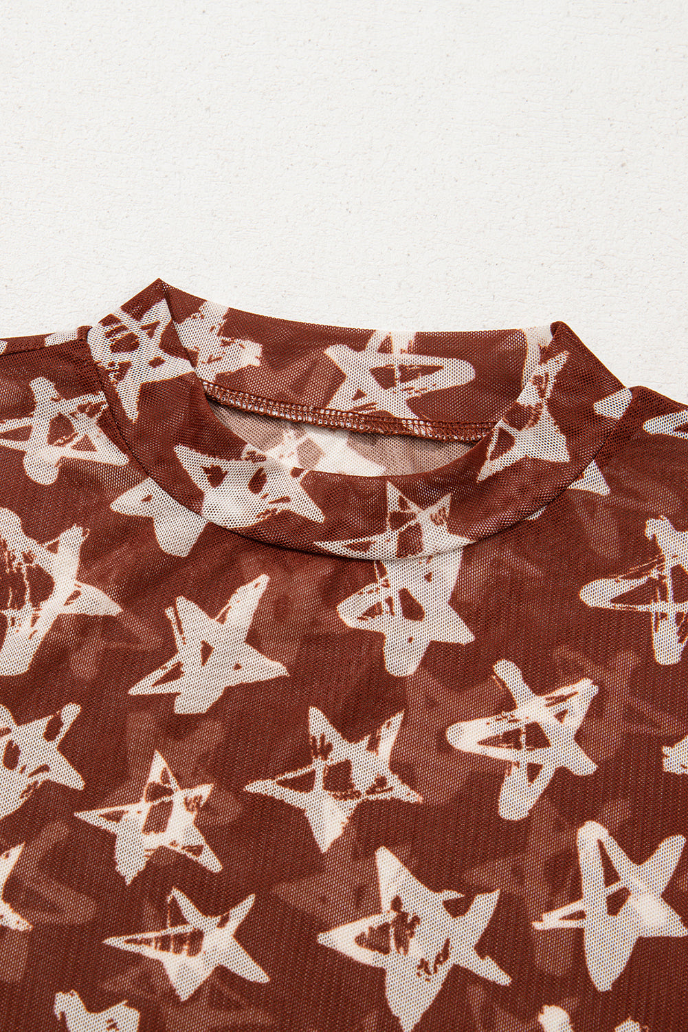 Mesh Star Print Mock Neck Sheath Long Sleeve Top BB Fashion Outlet