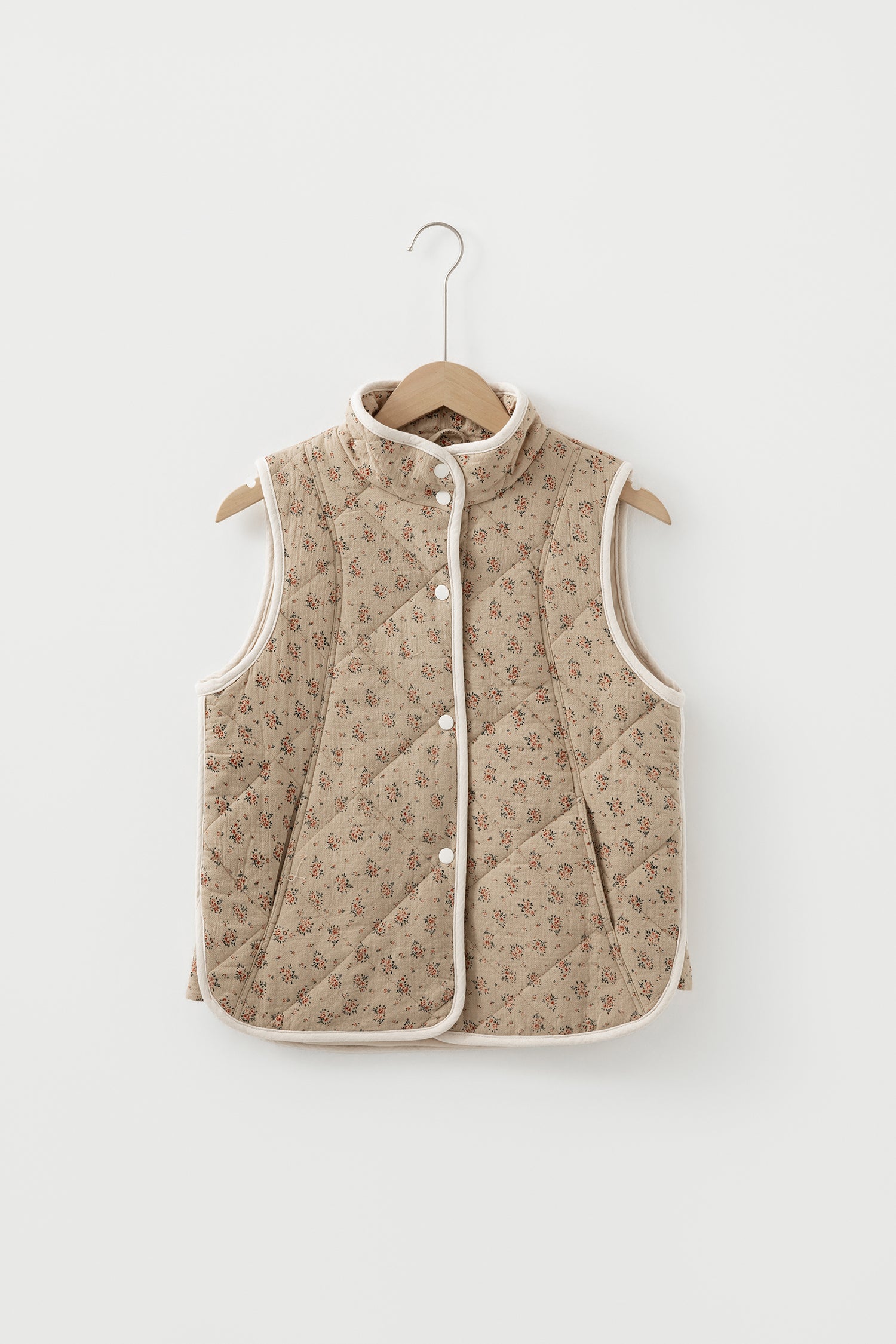 Floral Print Quilted Concealed Button Vest – Khaki