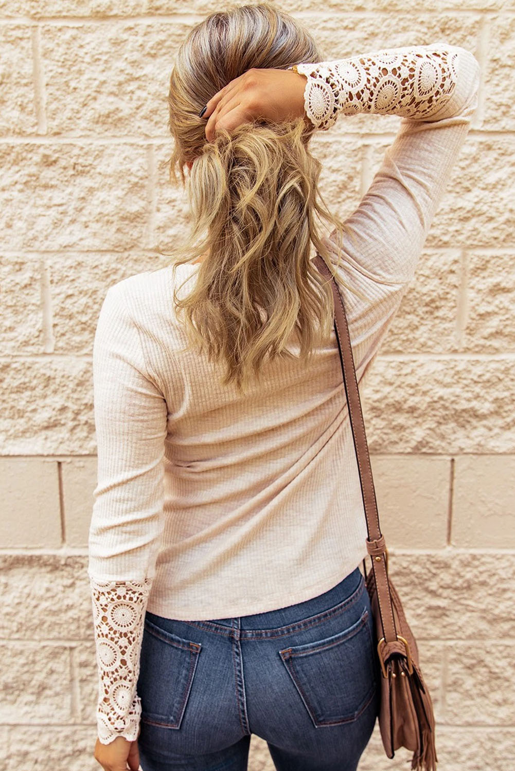 Beige Crochet Lace Hem Sleeve Button Top - eAura
