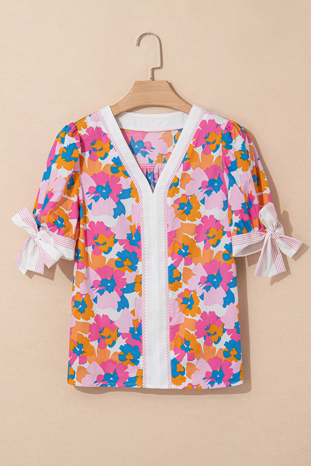 White Floral Striped Edge V Neck Knotted Short Sleeve Blouse eAura