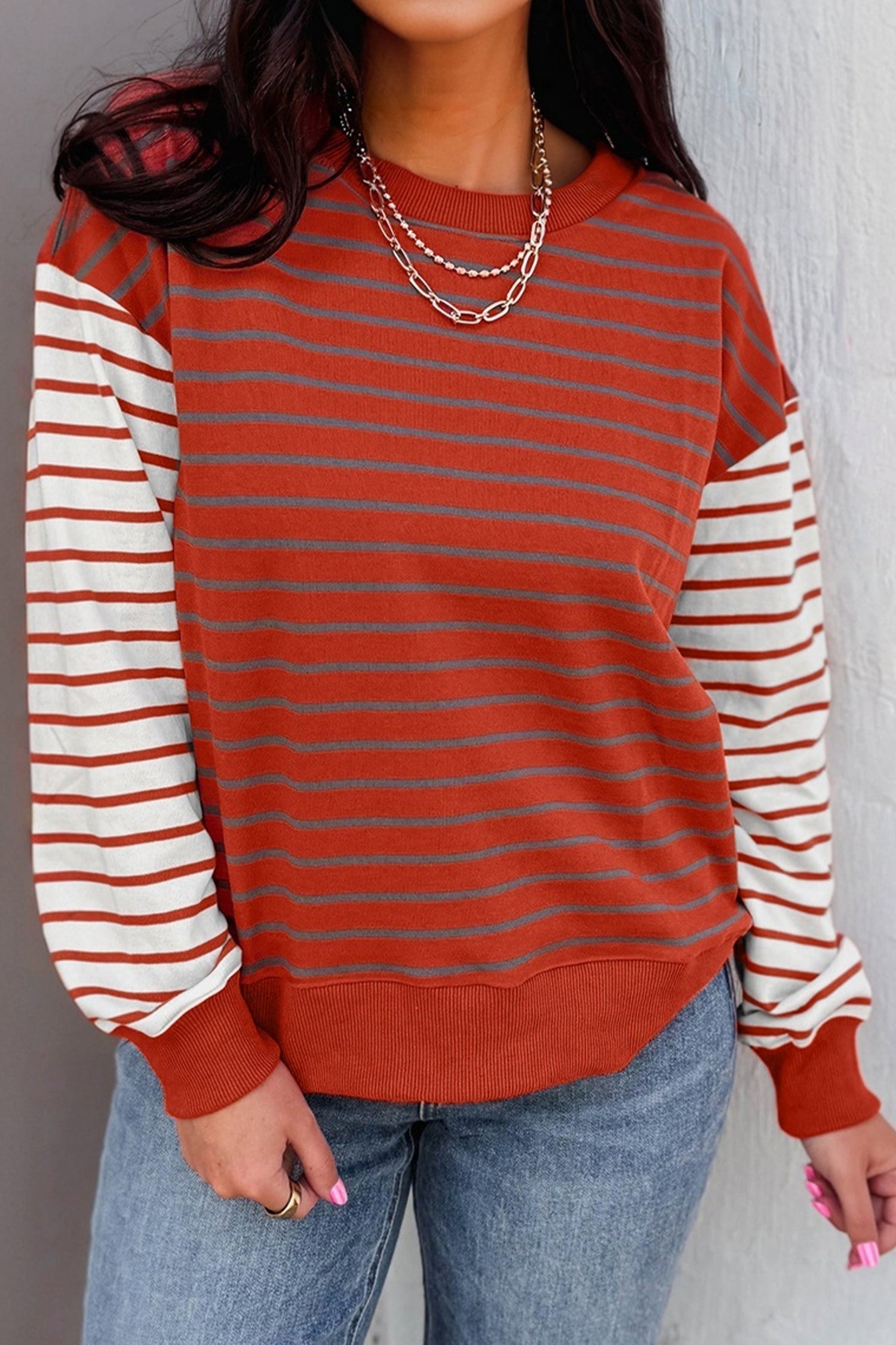 Orange Stripe Contrast Sleeve Drop Shoulder Sweatshirt - eAura