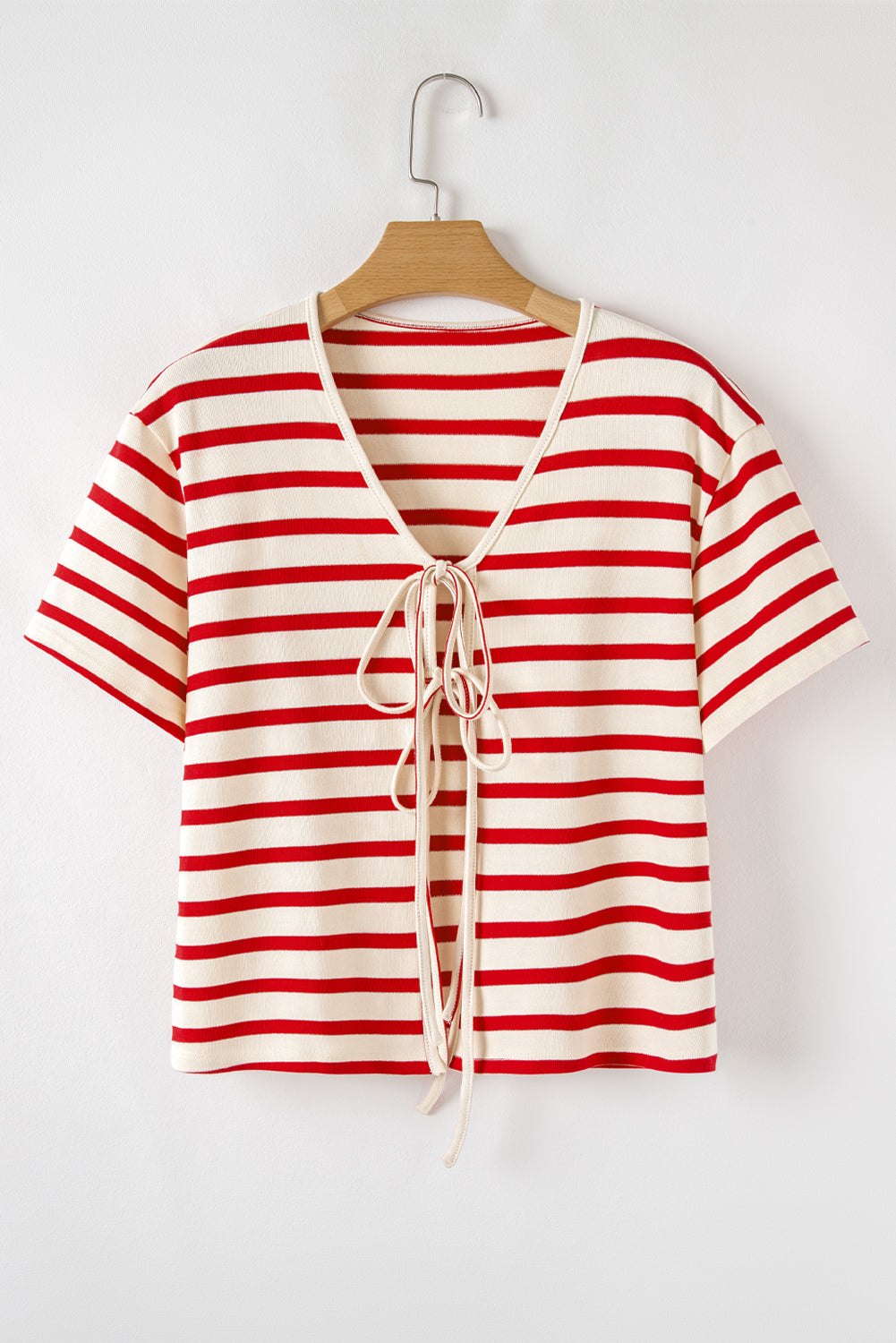 Red Stripe Lace-up Front Top and High Waist Shorts Set eAura