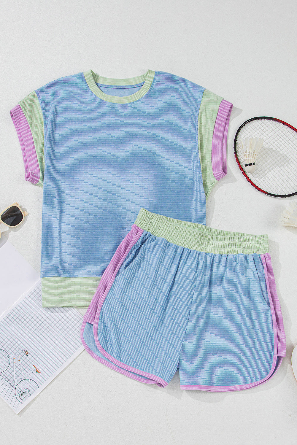 Beau Blue Ribbed Contrast Trim Round Neck Cap Sleeve 2pcs Short Co-ord Set eAura