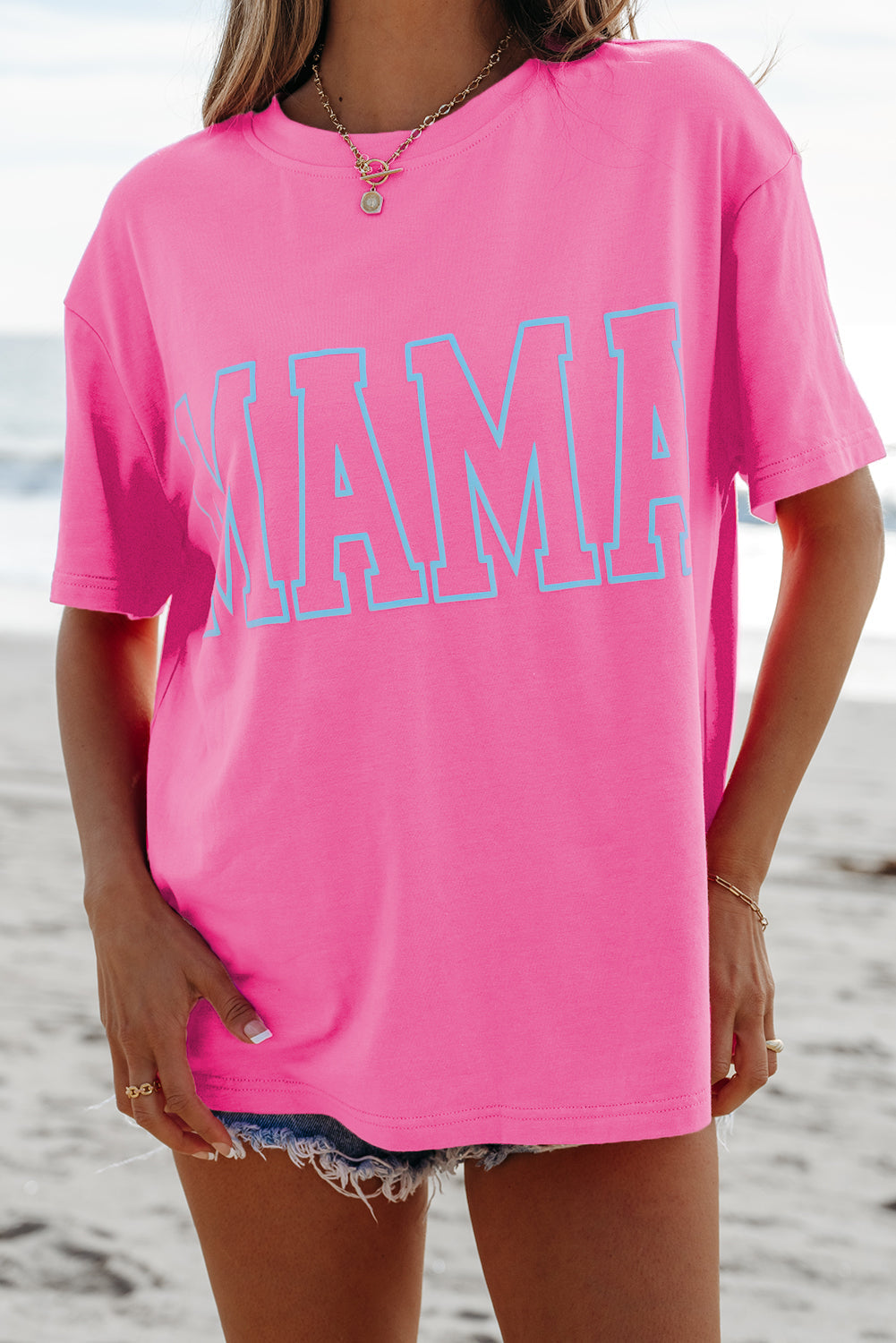 Bright Pink MAMA Letter Graphic Neon T Shirt eAura