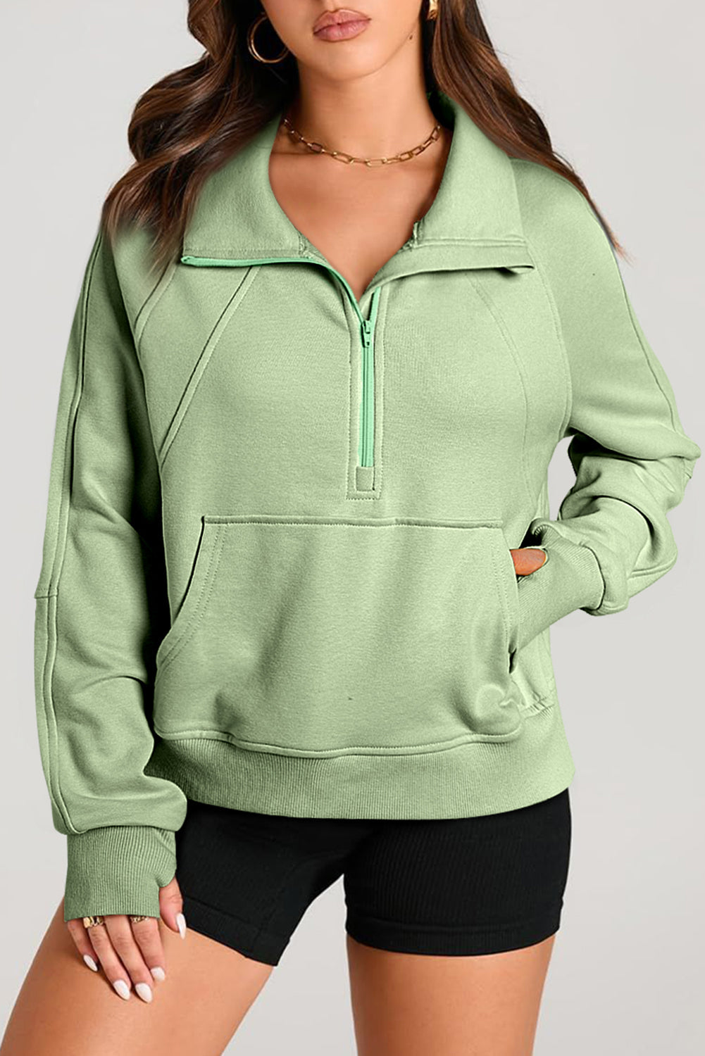 Smoke Green Quarter Zip Stand Neck Kangaroo Pocket Sweatshirt eAura