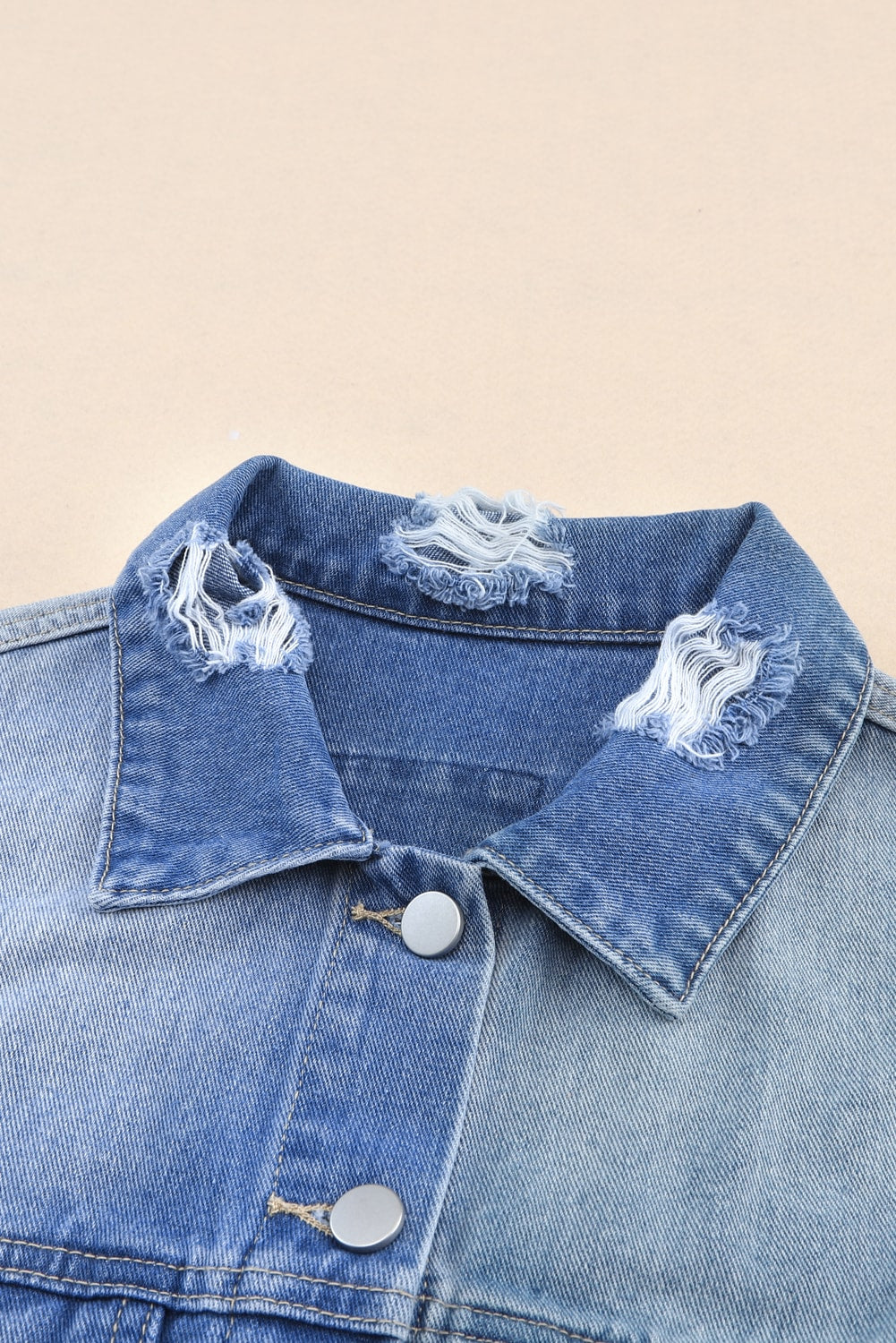 Sky Blue Colour Block Denim Patchwork Frayed Hem Jacket Beagle Boutique Fashion Outlet
