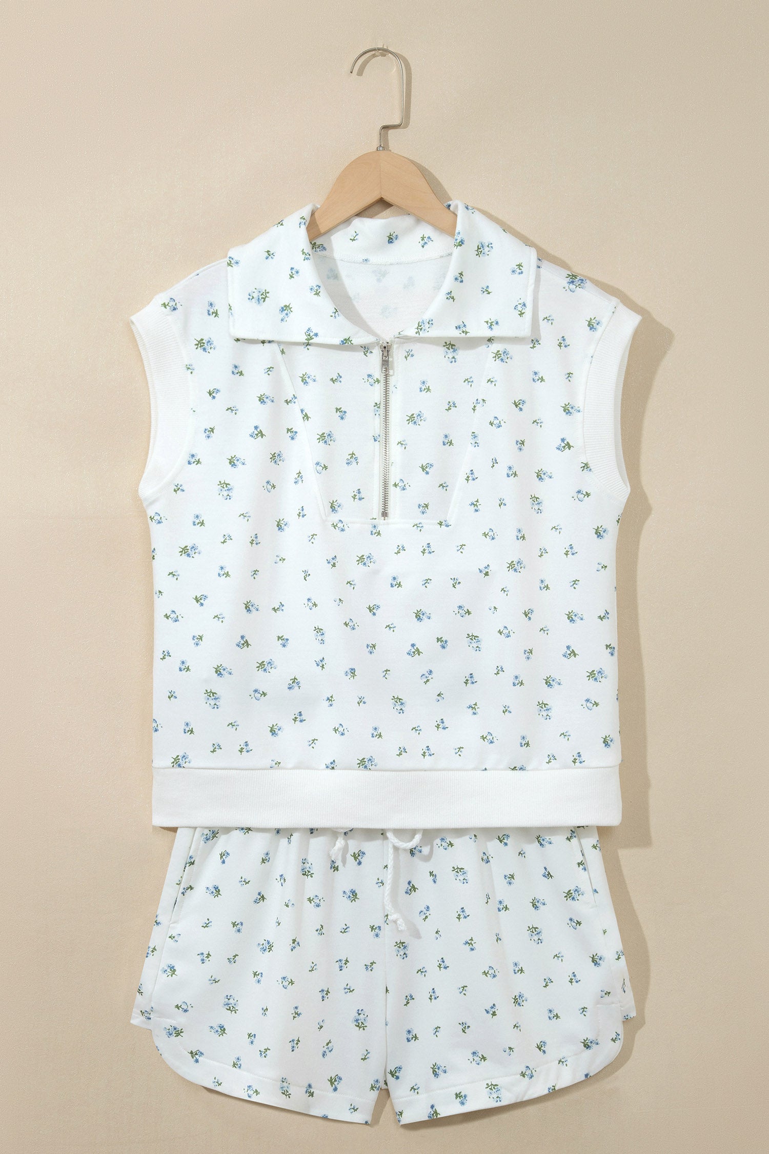 Floral Print Half Zip Top Matching Short Set – White