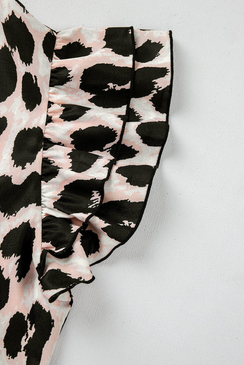 Khaki Leopard Print Layered Ruffled Short Sleeve Blouse eAura