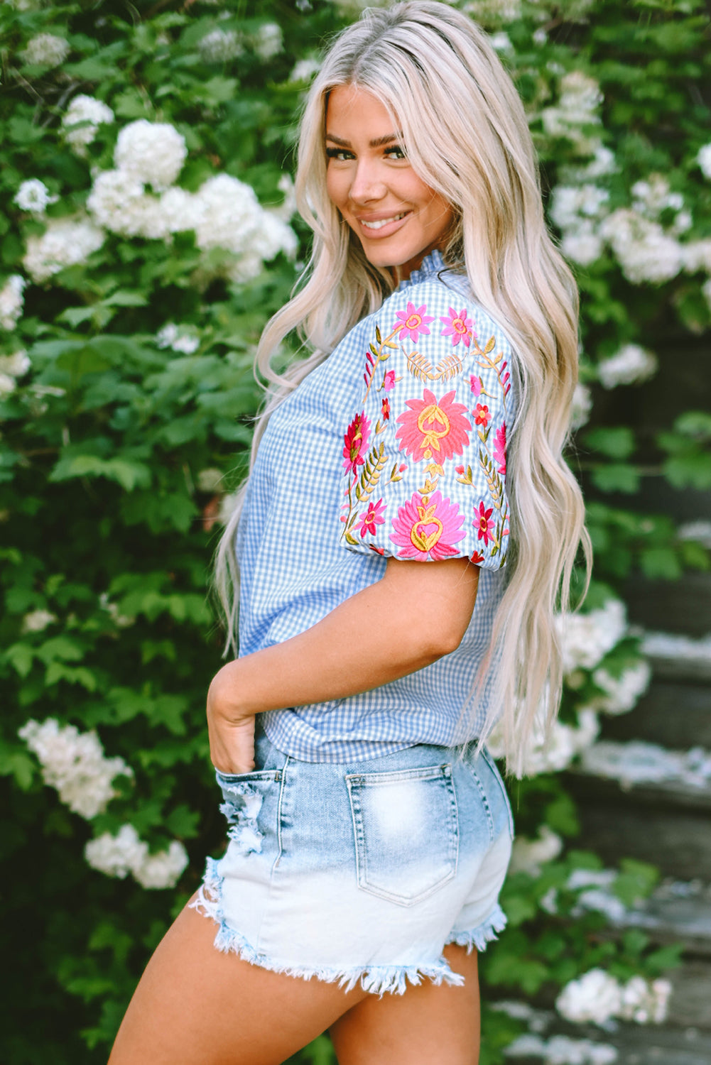 Light Blue Gingham Floral Embroidered Puff Sleeve Blouse eAura