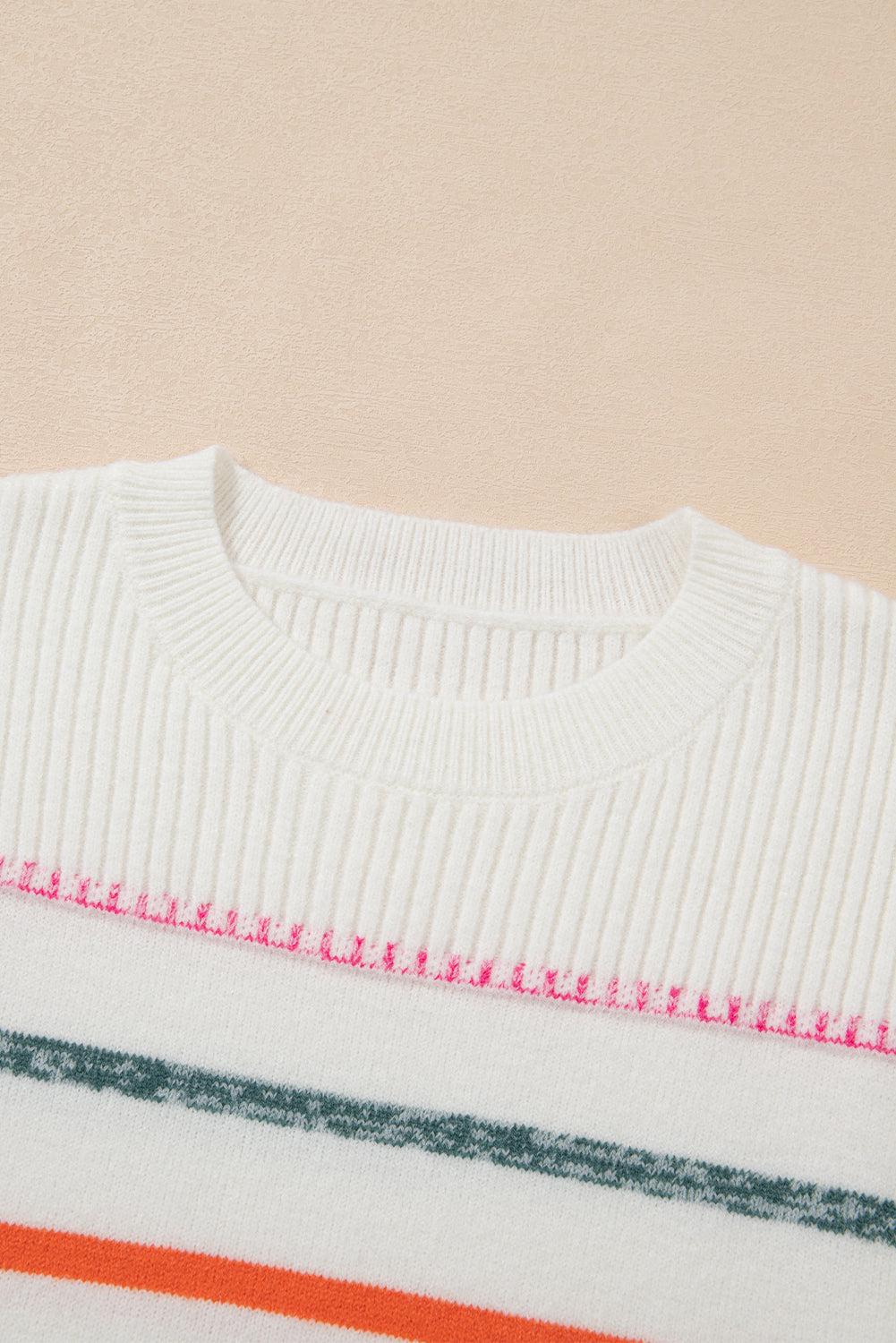 White Colourful Striped Ribbed Trim Sweater eAura