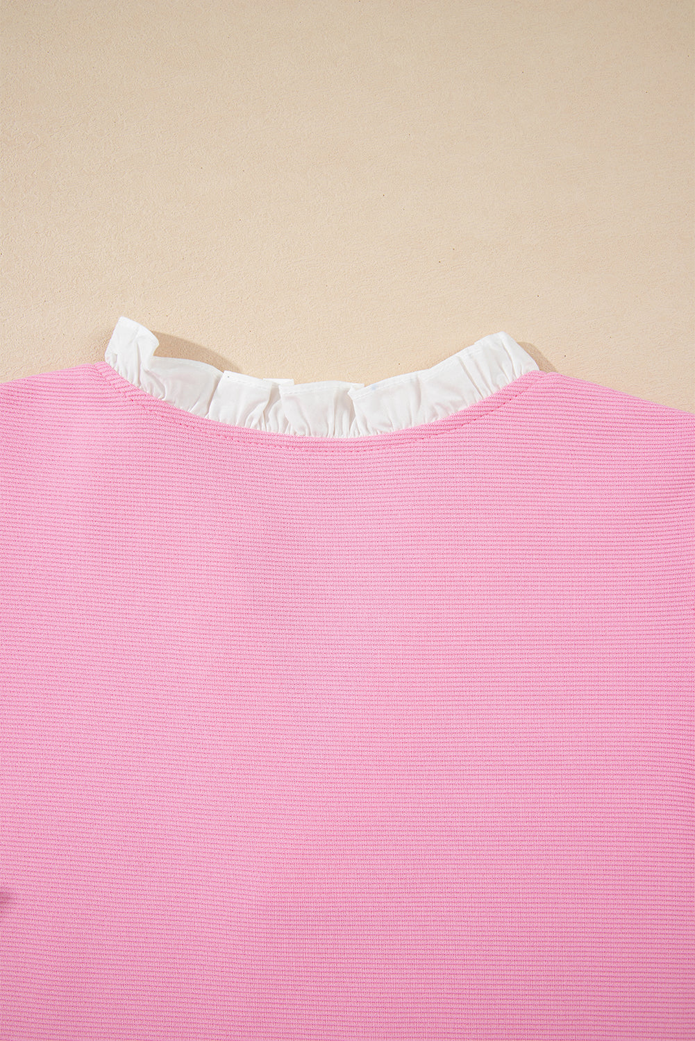 Pink Contrast V Neck Ruffled Textured Knit Top eAura