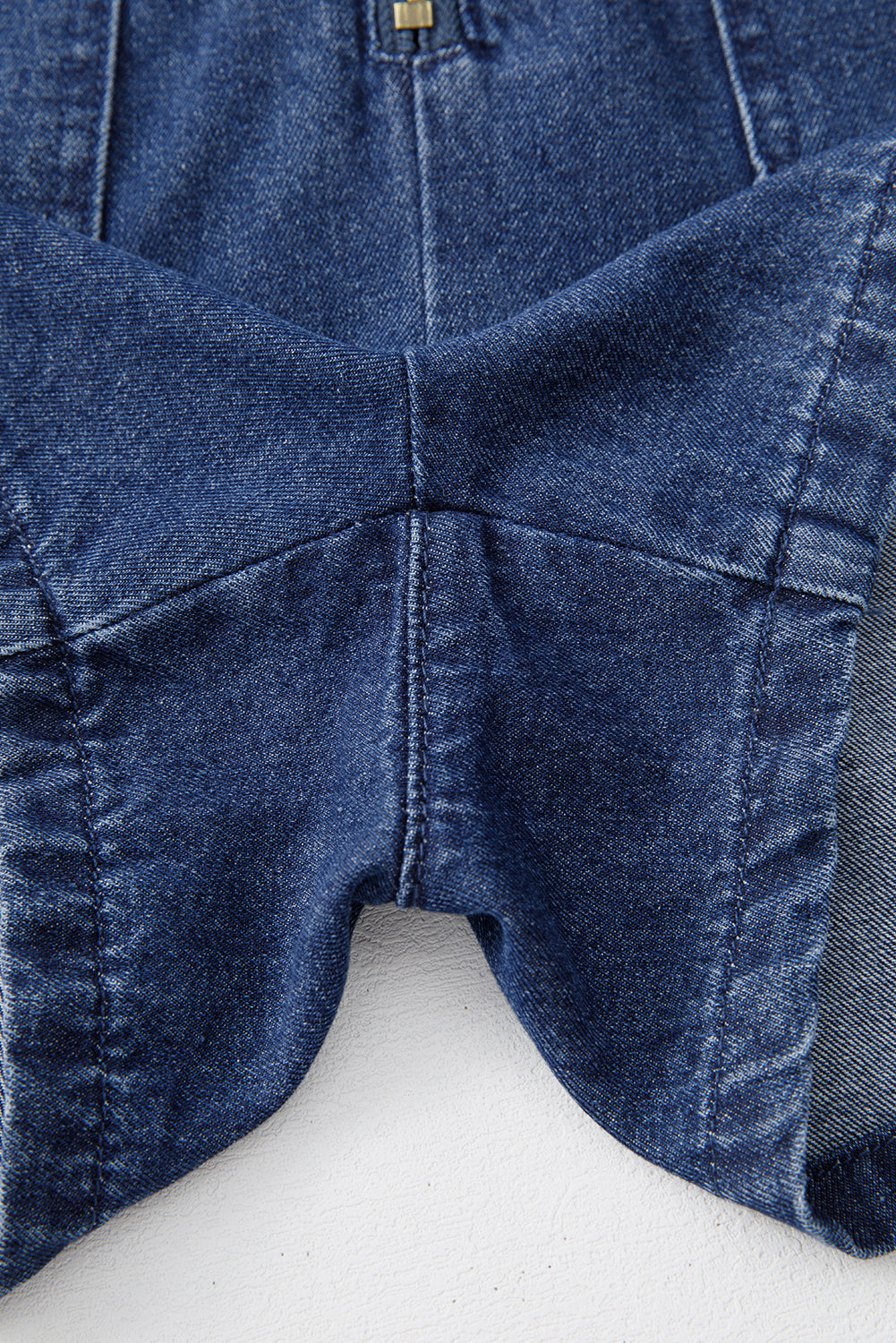 Sail Blue Denim Ruffled Zipped Front Belted Romper eAura