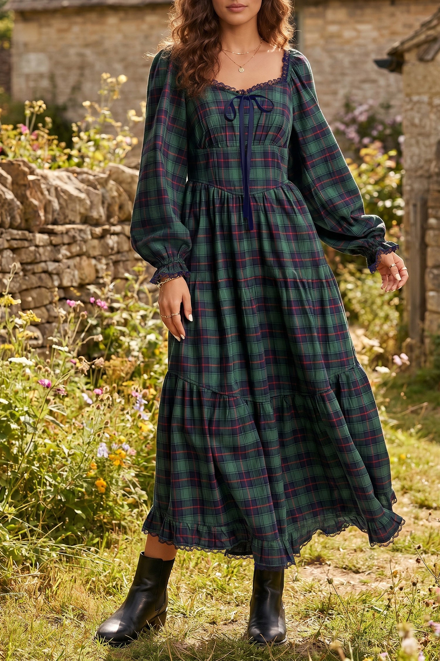 Vintage Plaid Square Neck Lace Trim Long Sleeve Shift Dress – Green