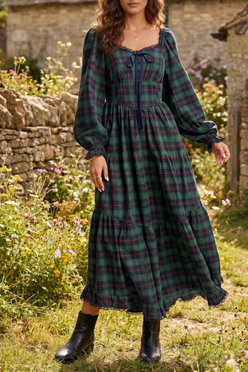 Vintage Plaid Square Neck Lace Trim Long Sleeve Shift Dress – Green