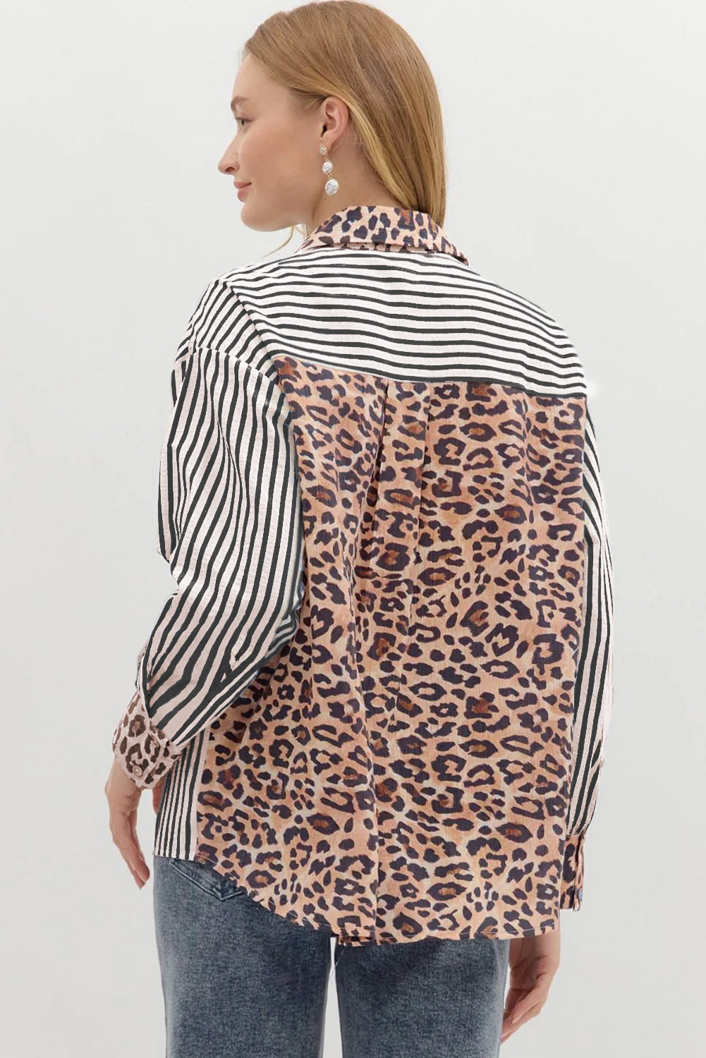Striped Leopard Print Patchwork Button Up Shirt - eAura