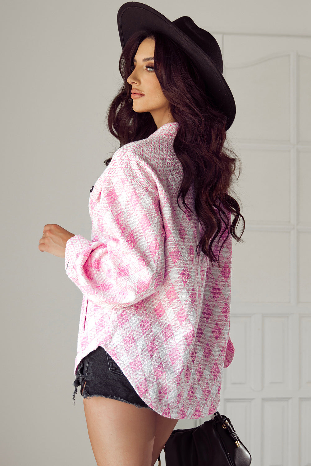 Delicacy Geometric Print Textured Flap Detail Shacket with Pocket Beagle Boutique Fashion Outlet