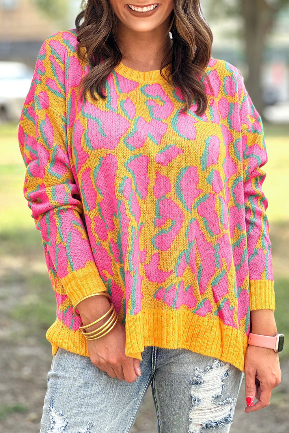 Green Abstract Print Ribbed Trim Baggy Sweater eAura