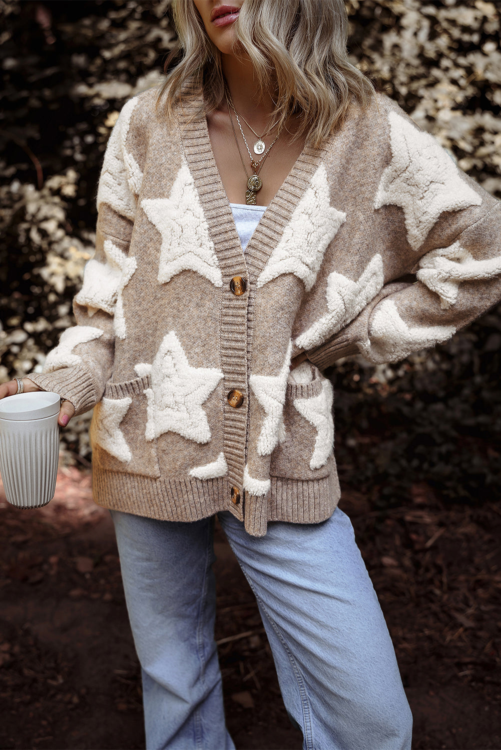 Sherpa Star Pattern Textured Sweater Cardigan with Pockets eAura