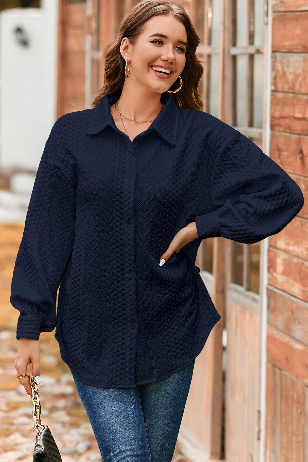 Textured Puff Sleeve Loose Shacket eAura