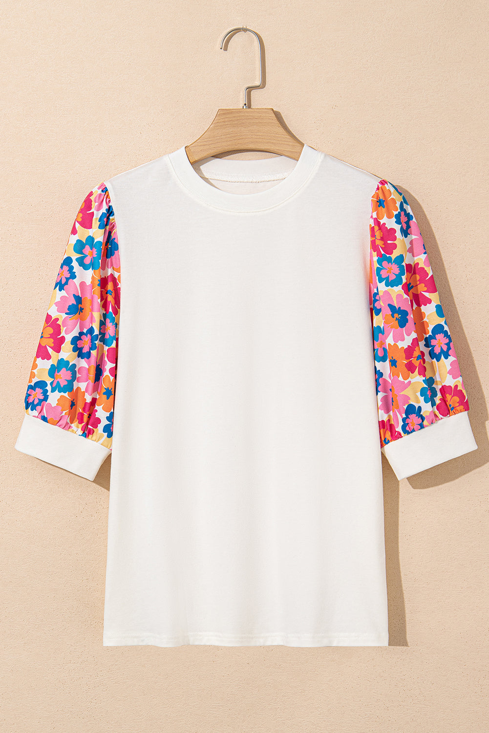 Beige Floral Puff Sleeve Patchwork Round Neck Top eAura
