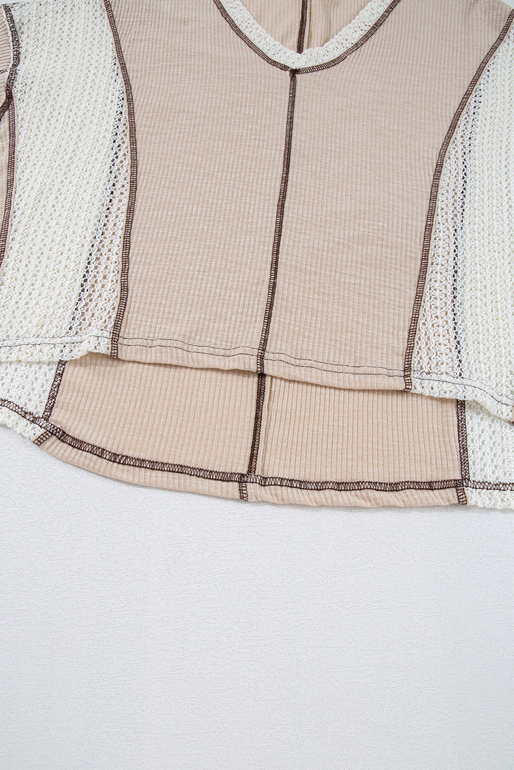 Crochet Detail Exposed Seam High Low Loose Top – Beige & Green