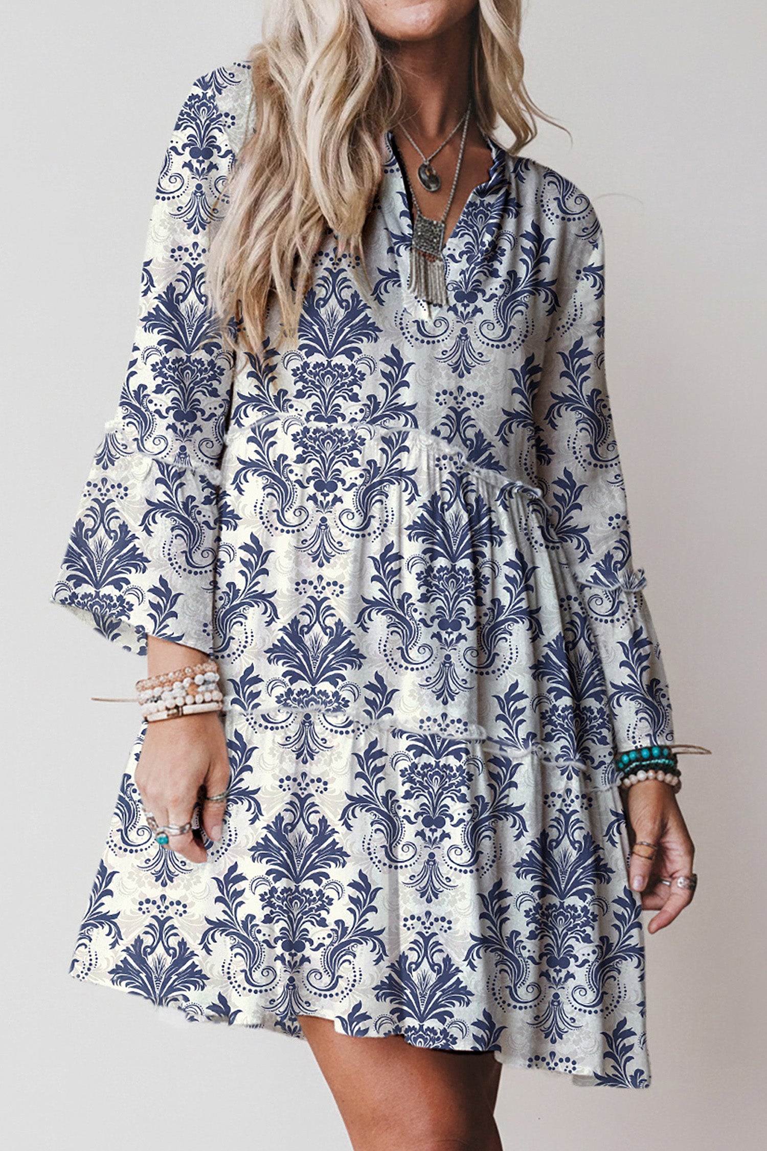Boho Floral Print Lettuce Trim 3/4 Sleeve Mini Dress