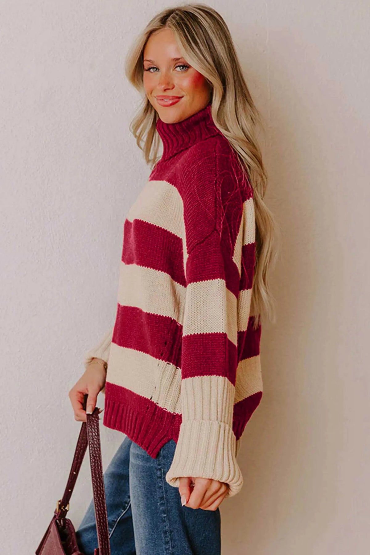 Red Stripe Ribbed Trim High Neck Relaxed Pullover Sweater