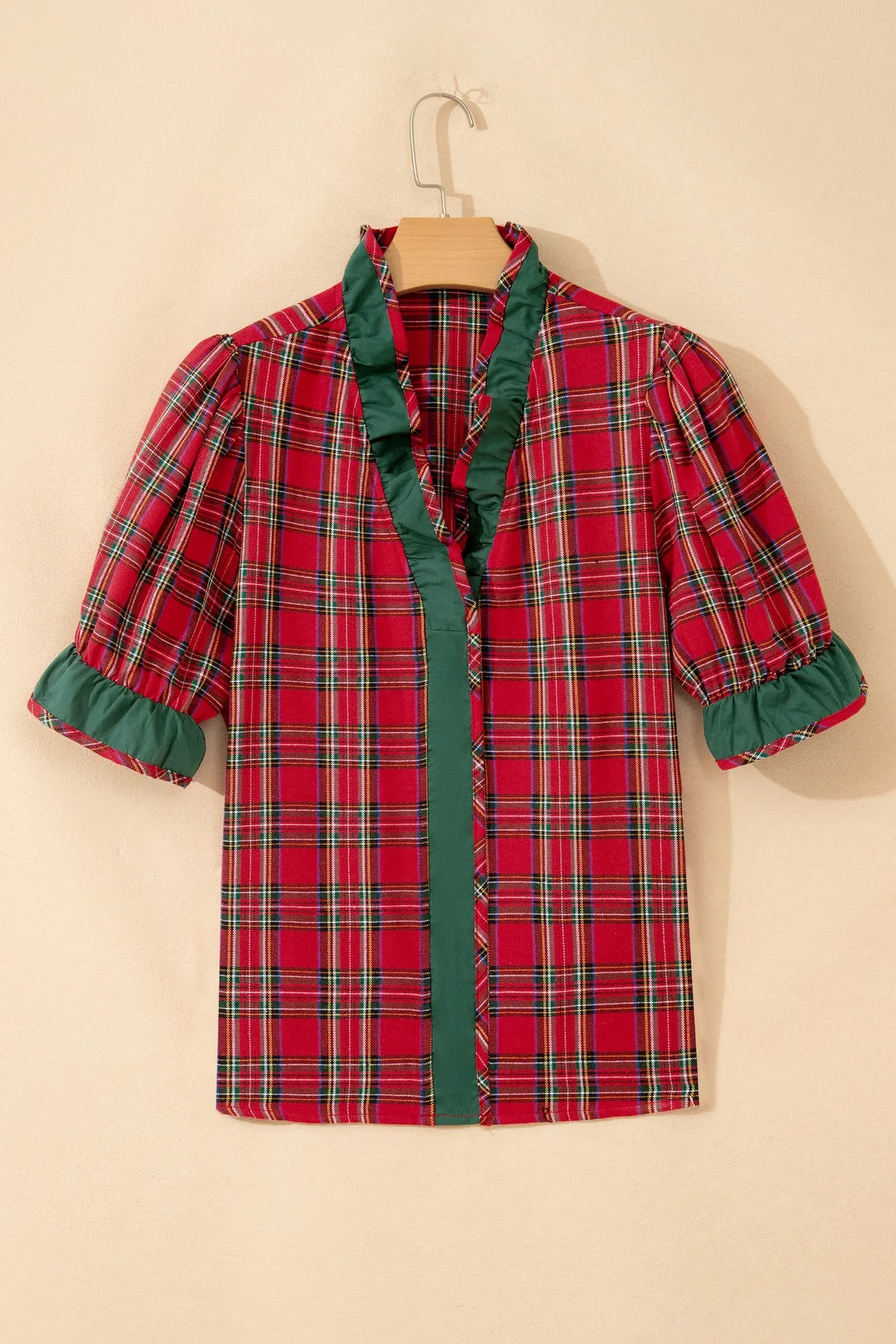 Plaid V Neck Ruffle Colour Block Trim Short Sleeve Shirt