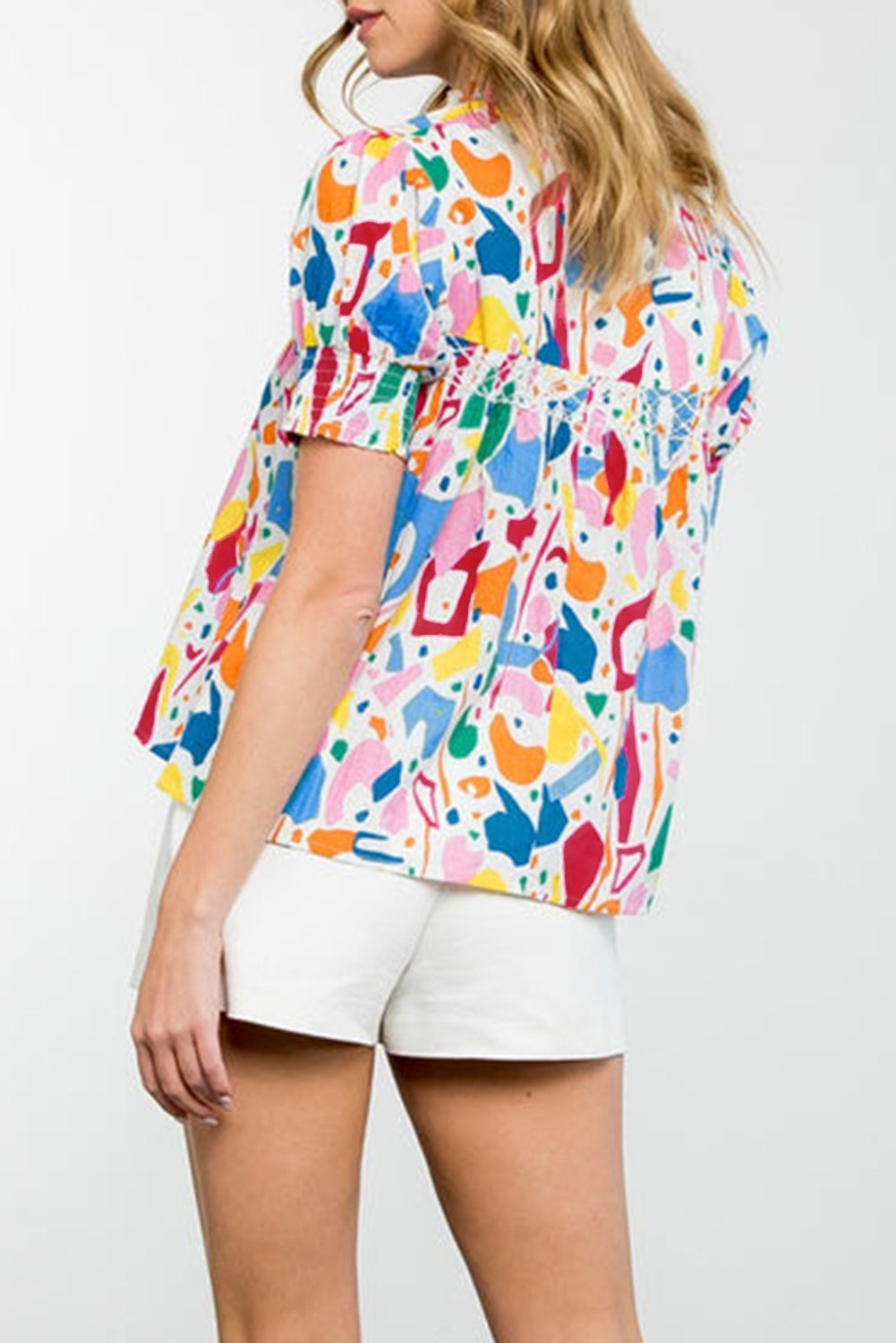 White Abstract Print Shirred Cuff Puff Sleeve Plus Size Blouse BB Fashion Outlet