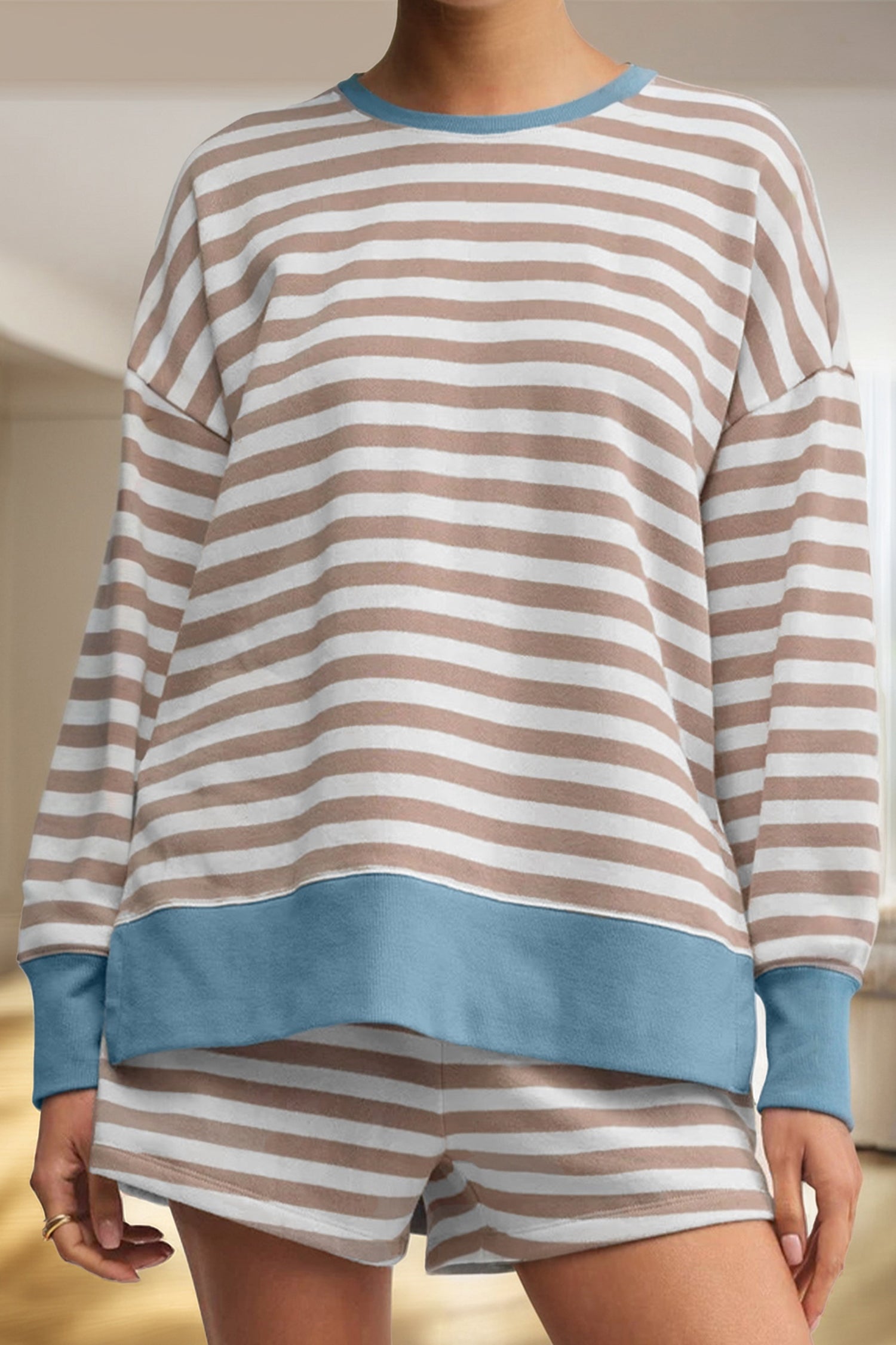 Stripe Oversized Pullover Co-ord Shorts Set - eAura